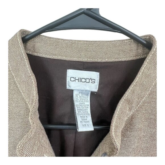 Chicos Metallic Embroidered Button-Up Jacket SZ 2 Beige Long Sleeve Cotton Blend - Picture 13 of 16